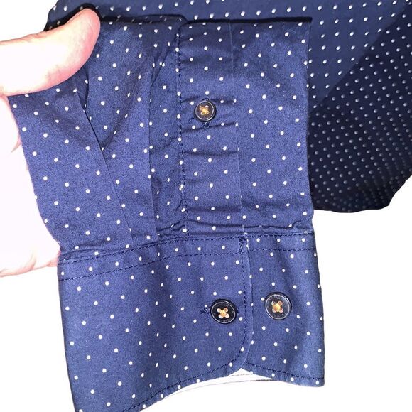 DENIM & FLOWER Ricky Singh navy button down blouse slim fit large - Picture 5 of 9